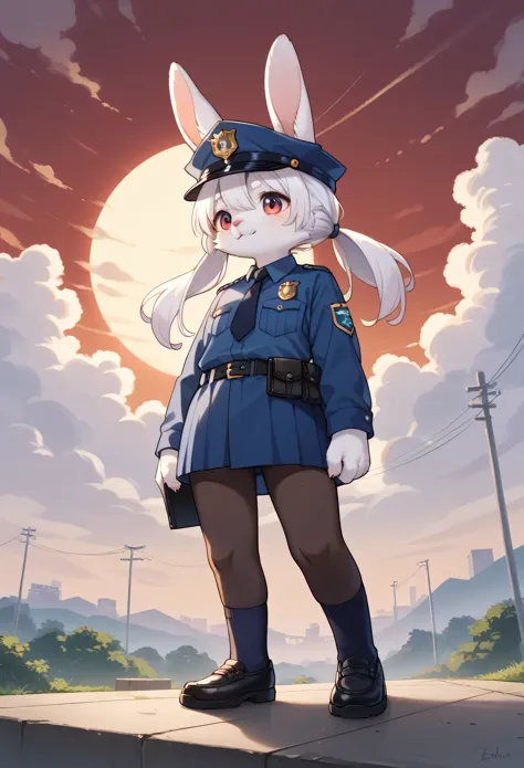 score_9, score_8_up, score_7_up, score_6_up, score_5_up, score_4_up, source_anime, best quality, amazing quality, very aesthetic, absurdres, 1girl, (furry, kemono:1.2), rabbit, In the sunset, a silhouette of a police officer stands at attention, saluting. The officer is dressed in uniform, standing straight with a red sky and clouds in the background. Backlighting illuminates the officer's outline, creating an atmosphere of calm and respect.