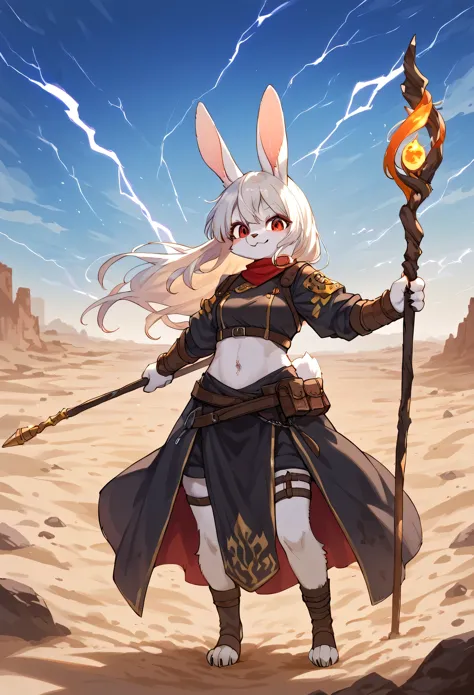 score_9, score_8_up, score_7_up, score_6_up, score_5_up, score_4_up, source_anime, best quality, amazing quality, very aesthetic, absurdres, 1girl, (furry, kemono:1.2), rabbit, In the desert wasteland, a heroine faces off against an evil emperor. The heroine holds a magical staff, surrounded by glowing lightning. The background is filled with swirling sand and strong contrasting shadows. The evil emperor wears a cold smile, creating an atmosphere of courage and tension.