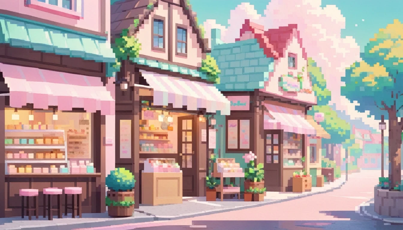 Lofi Cozy Dessert shop , pastel ,minimal ,Cute , Kawaii , town