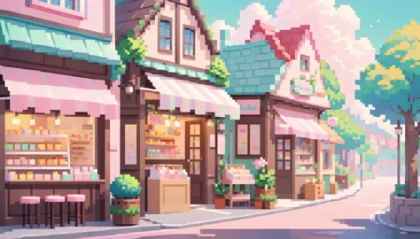 lofi cozy dessert shop , pastel ,minimal ,cute , kawaii , town