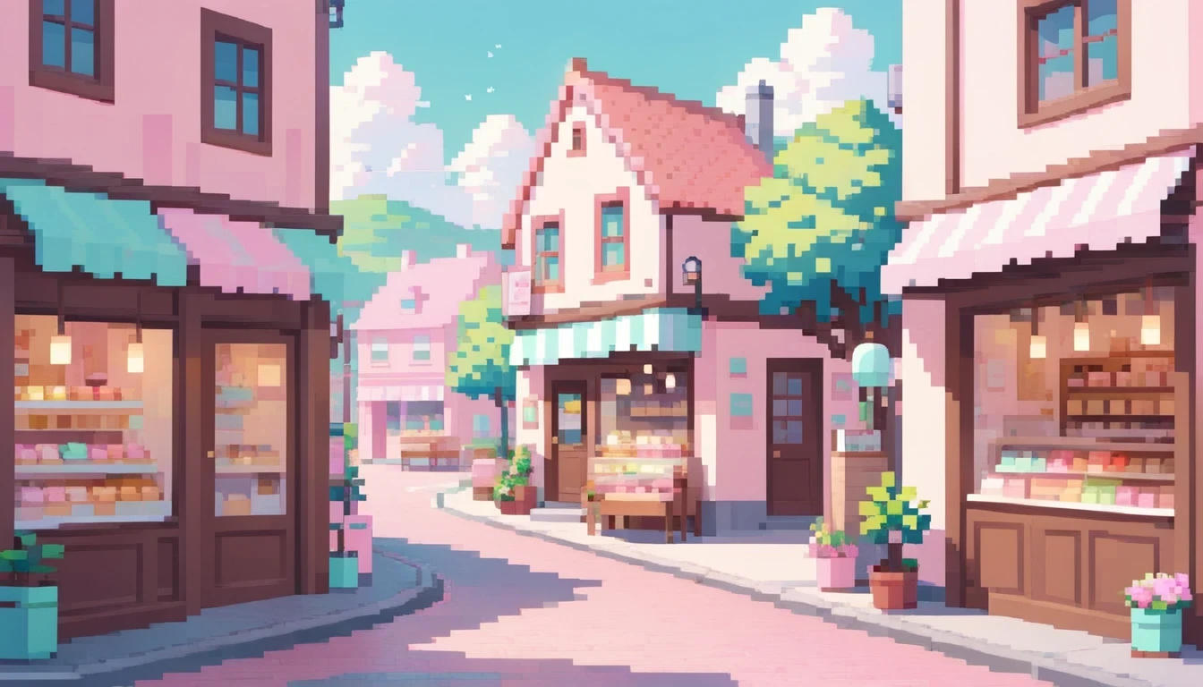 Lofi Cozy Dessert shop , pastel ,minimal ,Cute , Kawaii , town