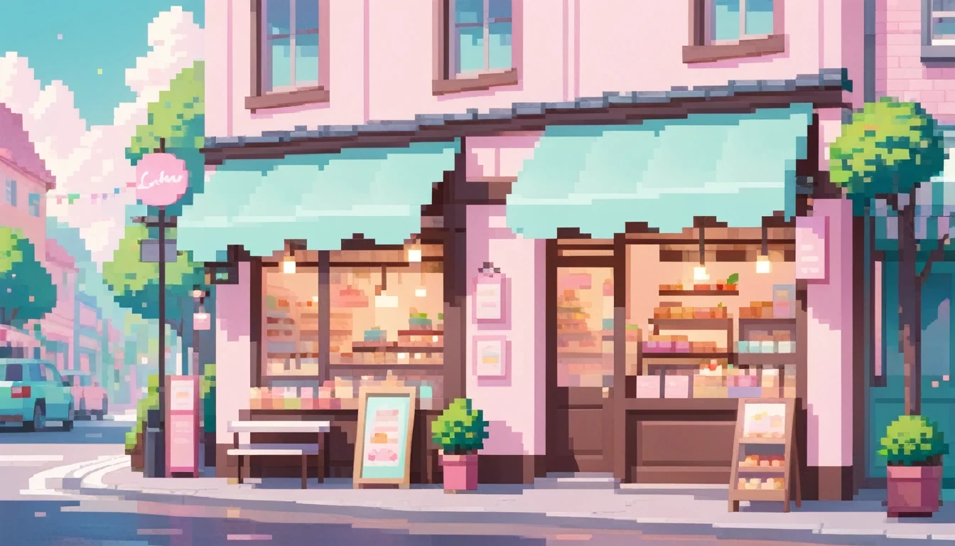 Lofi Cozy Dessert shop , pastel ,minimal ,Cute , Kawaii , town