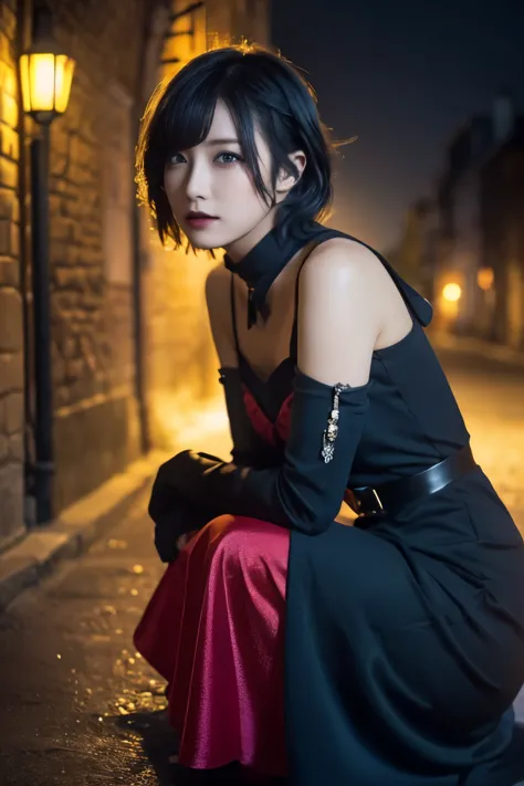 1 girl, (she is wearing a red dress:1.2), (gothic makeup), portrait of a very cute japanese symphonic metal singer, (raw photo b...