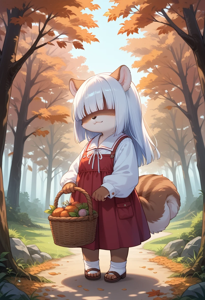 score_9, score_8_up, score_7_up, score_6_up, score_5_up, score_4_up, source_anime, best quality, amazing quality, very aesthetic, absurdres, 1girl, (furry, kemono:1.1), squirrel, (hair over eyes, hair covered eyes, hime cut), A basket full of freshly harvested mushrooms is being held on a sunny autumn day in a forest of thickly foliated trees. Warm colors envelop the entire space, creating a calm and serene atmosphere.