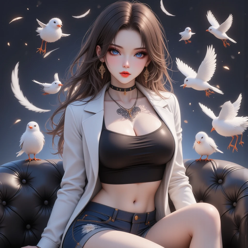 Dark tone, Variable posture,High Detail,Ultra high resolution,32K uhd,best quality,masterpiece. Realistic cartoon model, 1 A woman with blue eyes and red lips is sitting with an evil look on her face., Metallic white blazer set, Shiny black crop top, Denim shorts, high-heels, tattoo, Full body photo, A number of feathers , Black sofa, A number of small white birds, Depth of field, Thick line, Light difference, Image Filling, Wide angle view, Long-range view