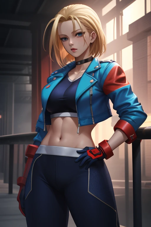 ((best quality)), absurdres, ((ultra high res)), cammy white, a woman with a blue jacket and red gloves, extremely detailed, 8k, masterpiece, official art,