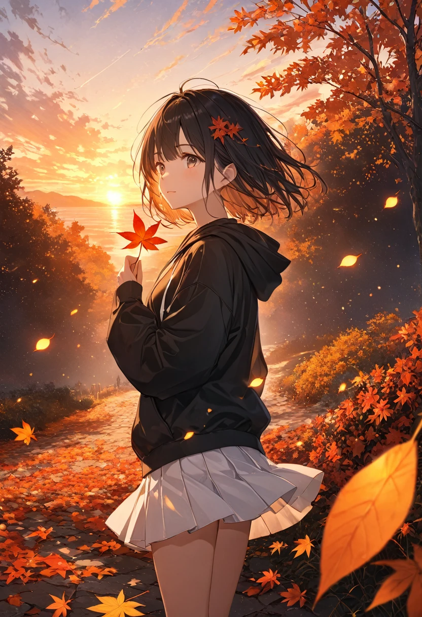 anime、((Amazingly absurd)),(masterpiece:1.2),超High resolution, Attention to detail, High image quality, High resolution, 最High image quality, 4K, 8k、Woman holding a leaf in her hand、autumn leavesの並木、Standing Alone、autumn leaves、red、orange、Illuminate、Hope is the theme、Emphasis on women、short hair、Black Hair、Black hoodie、White mini skirt、A gentle face、Look this way、kind、sunset