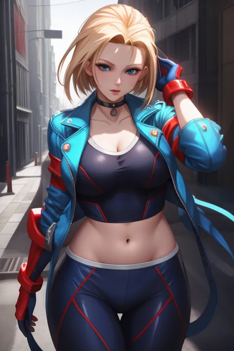 ((best quality)), absurdres, ((ultra high res)), cammy white, a woman with a blue jacket and red gloves, extremely detailed, 8k,...