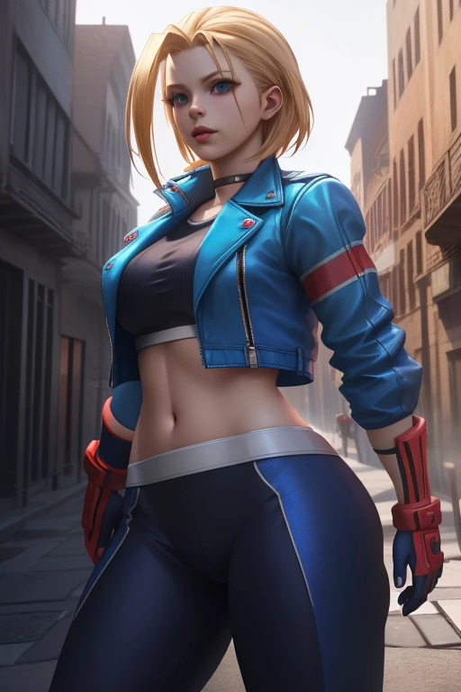 ((best quality)), absurdres, ((ultra high res)), cammy white, a woman with a blue jacket and red gloves, extremely detailed, 8k, masterpiece, official art, unreal engine, photo realistic,