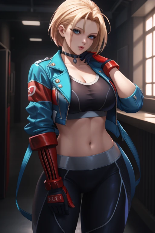 ((best quality)), absurdres, ((ultra high res)), cammy white, a woman with a blue jacket and red gloves, extremely detailed, 8k, masterpiece, official art, unreal engine, Sexual,