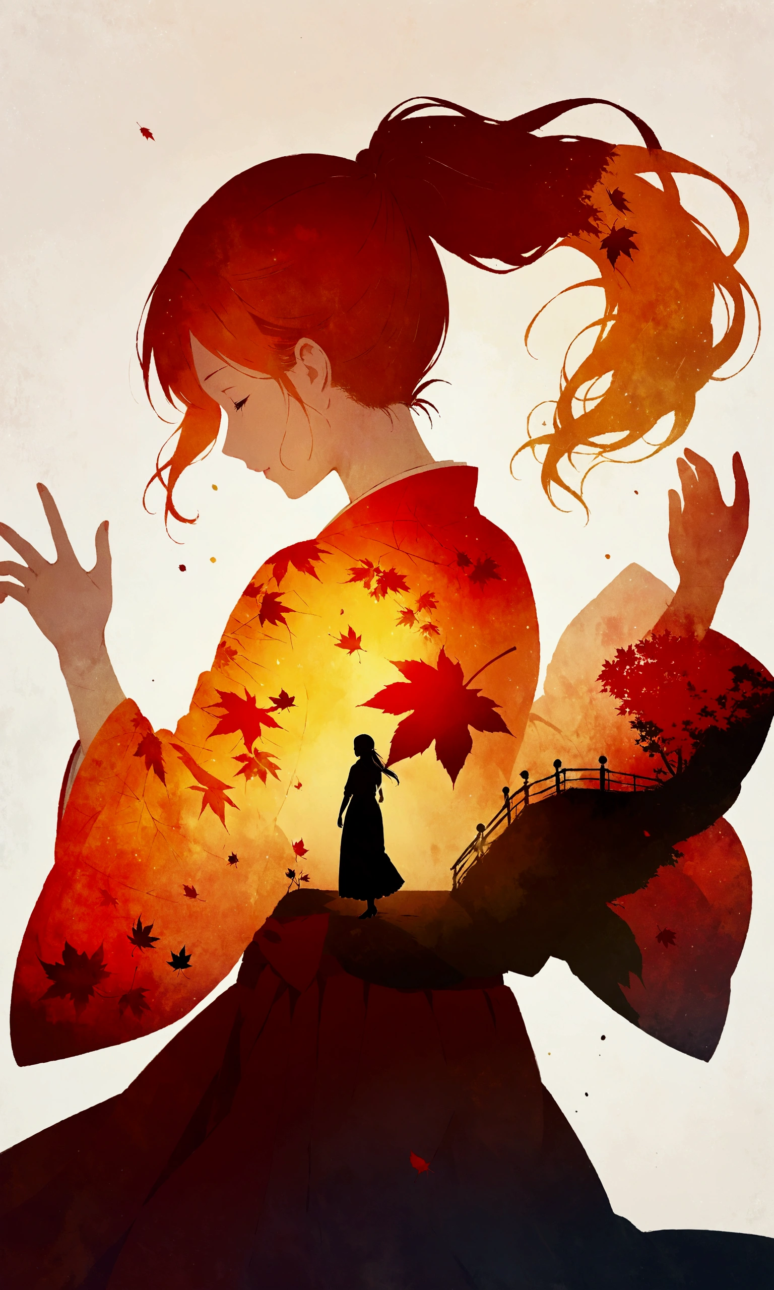 silhouette art,Autumn leaves pattern on woman silhouette isolated on white background,(Female silhouette: Kimono: Hakama: Long ponytail: Dynamic pose),Draw the autumn leaves pattern only on the woman's silhouette.,BREAK,Autumn leaves pattern: Yellow and orange gradation: Overlapping translucent autumn leaves: Overlapping layers: Vibrant colors: Glitter,BREAK,vector art,Draw a background painting using autumn leaves in very light colors,Works made with watercolors,(Expresses blur and blur typical of watercolors),Transparency,soft tones,Use layering techniques