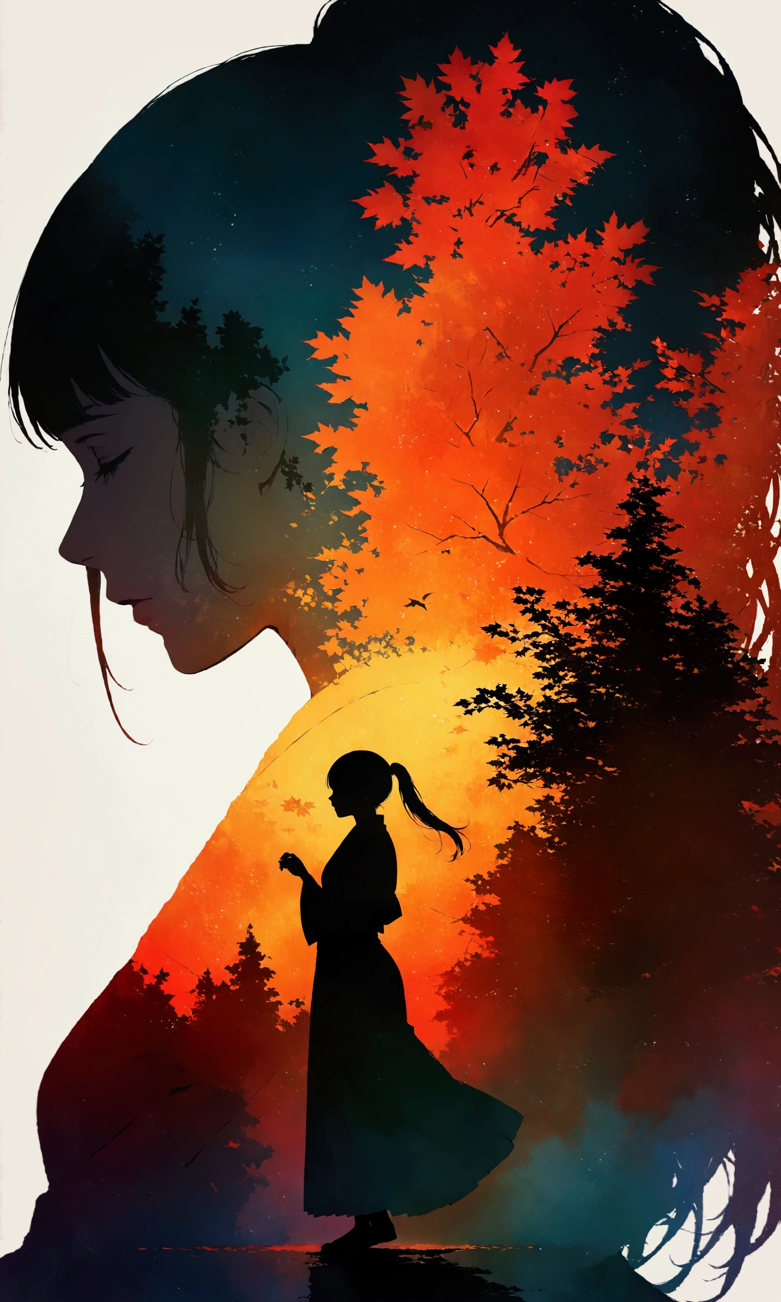 silhouette art,Autumn leaves pattern on woman silhouette isolated on white background,(Female silhouette: Kimono: Hakama: Long ponytail: Dynamic pose),Draw the autumn leaves pattern only on the woman's silhouette.,BREAK,Autumn leaves pattern: Yellow and orange gradation: Overlapping translucent autumn leaves: Overlapping layers: Vibrant colors: Glitter,BREAK,vector art,Draw a background painting using autumn leaves in very light colors,Works made with watercolors,(Expresses blur and blur typical of watercolors),Transparency,soft tones,Use layering techniques