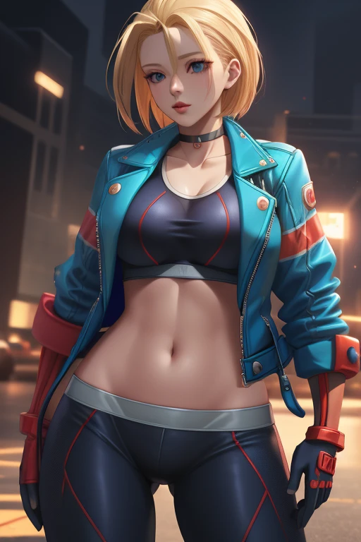 ((best quality)), absurdres, ((ultra high res)), cammy white, a woman with a blue jacket and red gloves, extremely detailed, 8k, masterpiece, official art, unreal engine, Sexual, (Grab jacket), (take off jacket),