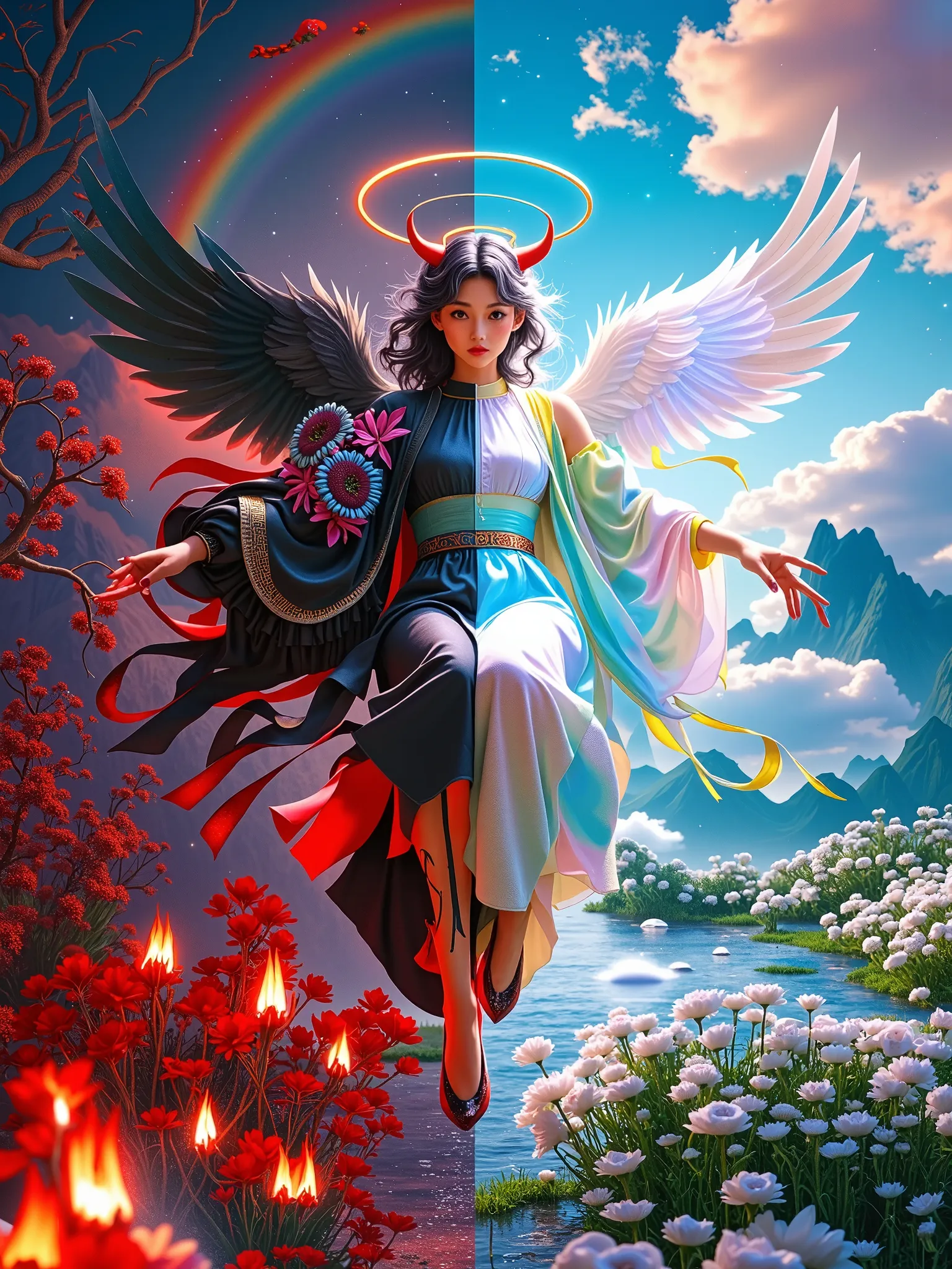 [Vision:1.0]，[Wide Angle:1.0]，An ethereal figure in a symmetrical composition from the middle，Half embodies a demonic figure featuring horns and a tail，The background is dark、Misty forest background，The background is red flowers and hell elements such as embers and shadows。The other half of the character exudes an angelic halo and wings，Filled with white flowers、Bright pastel clouds and rainbow、Peaceful environment，The two halves merge seamlessly in the center，Created by the fusion of light。The devil&#39;s expression is mysterious and intense，The angels, on the other hand, showed kindness and peace.，Clothing from the left dark、Flowing fabric to the right、Ventilated clothing，The gradient colors symbolize the transition from one realm to another.，Immerse yourself in the three-dimensional landscape like the Thousand Miles of Rivers and Mountains，Incorporating cyberpunk-style colors，Fluorescent colors，Cinematic Lenses，Master Composition, 3d, C4D rendering, 8k, super high detail, Bright colors，Bright，RGB, Colorful)，(High contrast:1.5)，(whole body:1.8), Magazine Photography，Popular on social platforms，((Dopamineism))，(((Dopamine color matching)))，Facing the screen，Dopamine color，High Saturation，High contrast，High Definition，8k，Dopamine，(in the style of Y2K)，Luo Erchun，Three-dimensional ancient style，Oriental Poetry and Painting