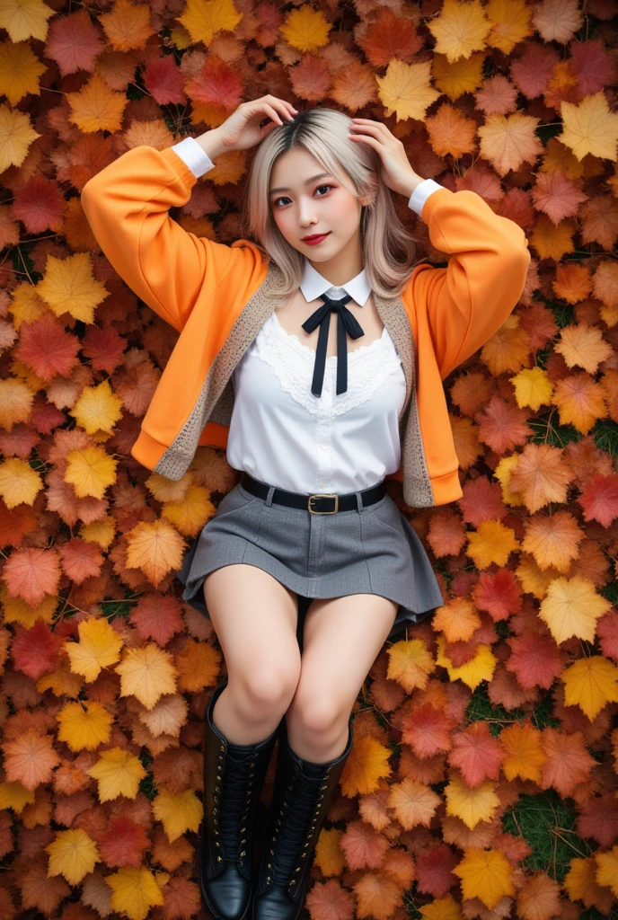 (masterpiece, best quality:1.2), 1girl, Alone、gal ,medium breasts,、Blonde,brown eye、A woman lying on a large amount of fallen orange leaves, Autumn leaves, Happy smile, View from above,(white blouse with lace,buckle suspension short skirt, zip side combat boots, black tie_ribbon,Red eyeshadow),ORANGE HOODIE, Hands on head, Fallen leaves on my clothes and head. (Colorful Red, orange, and yellow fallen leaves).