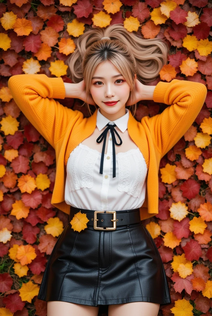 (masterpiece, best quality:1.2), 1girl, Alone、gal ,medium breasts,、Blonde,brown eye、A woman lying on a large amount of fallen orange leaves, Autumn leaves, Happy smile, View from above,(white blouse with lace,buckle suspension short skirt, zip side combat boots, black tie_ribbon,Red eyeshadow),ORANGE HOODIE, Hands on head, Fallen leaves on my clothes and head. (Colorful Red, orange, and yellow fallen leaves).