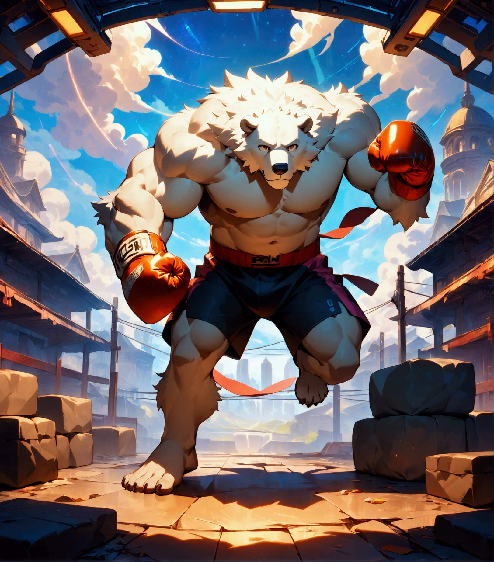 cyberpunk, boxer, a plump middle-aged polar bear man, full body in Michelangelo Buonarroti style, character focus, full body, looking away, dynamic angle, BREAK costume, headgear, sandbag, perfect composition, boxing, quantum electromagnetic life form spinning punch, dynamic pose, detailed painting landscape, morning, quantum electromagnetic life form atmosphere avant-garde gym, indoor, BREAK complete anatomy, perfect proportions, beautiful thigh gap, fluffy body, intricate fur details, beautiful fur texture, BREAK detailed polar bear 1tail, detailed toe, 5toes, 5toes nails, beautiful foot, BREAK detailed hands, 5fingers, 5fingers nails, BREAK aesthetic anime face, insanity detailed face, male face, big face, square jawline, aesthetic anime eyes, detailed brown eyes, detailed brown cornea, detailed dark brown irises, detailed pupils, male eyes, big eyes, male eyebrows, innocent look, beautiful beard, BREAK masterpiece, official art, best quality, very aesthetic, absurdres, super fine illustration, great quality, BREAK noise reduction, very highres, large filesize, high quality, 32K, 8k wallpaper, dynamic lighting, BREAK insanity detailed, ultra detailed, intricate details, extremely detailed, detailed texture, an extremely delicate and beautiful, full color, HDR, BREAK e621 uncut tag, Fur Affinity illustration, osukemo, kemohomo, anthropomorphic, furry, cartoon, harmonious, pastoral, virtuous, futuristic atmosphere