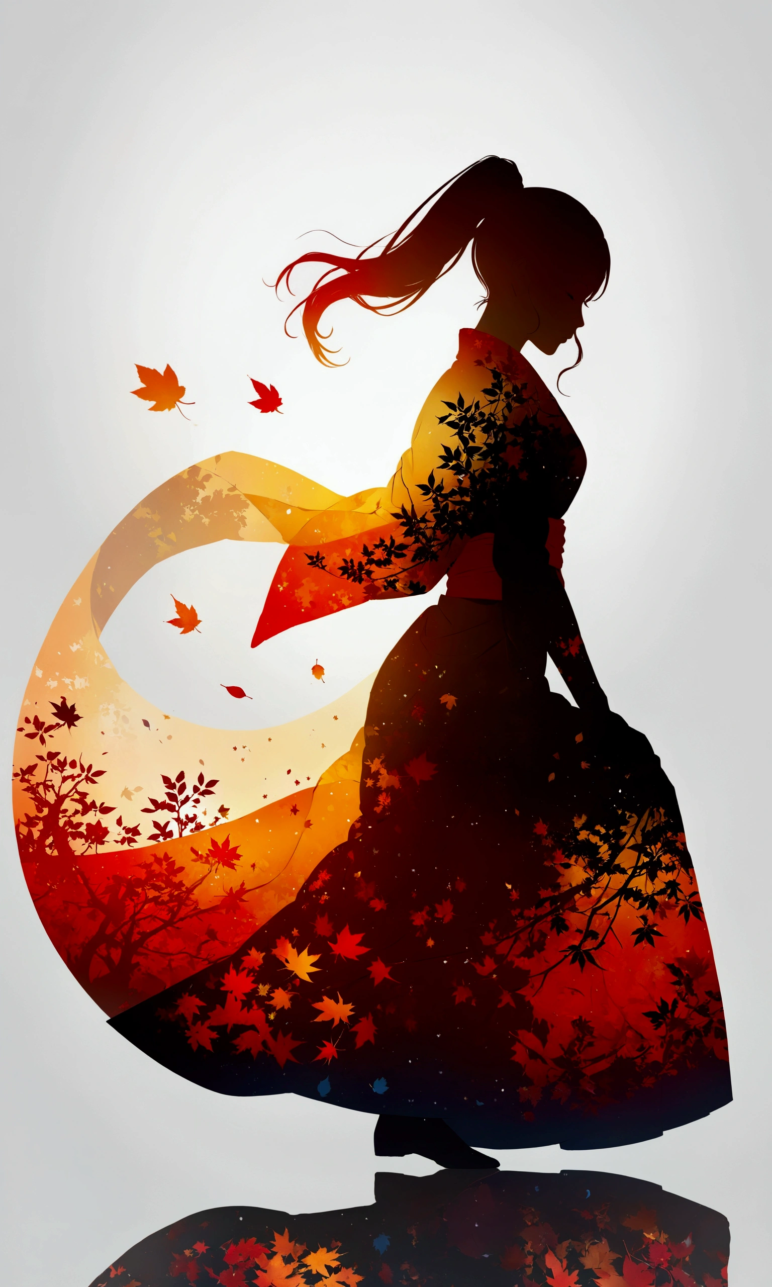 silhouette art,Autumn leaves pattern on woman silhouette isolated on white background,(Female silhouette: Kimono: Hakama: Long ponytail: Dynamic pose),Draw the autumn leaves pattern only on the woman's silhouette.,BREAK,Autumn leaves pattern: Yellow and orange gradation: Overlapping translucent autumn leaves: Overlapping layers: Vibrant colors: Glitter,BREAK,vector art,Draw a background painting using autumn leaves in very light colors,Works made with watercolors,(Expresses blur and blur typical of watercolors),Transparency,soft tones,Use layering techniques