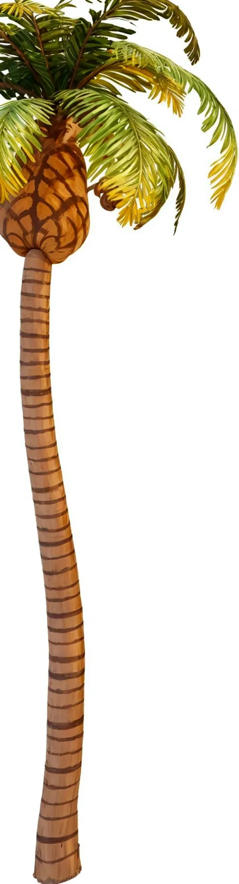 there is a palm tree that is painted with a brown stripe, long neck, tail slightly wavy, very long neck, long arm, long trunk holding a wand, tail of a lemur, worm, long tail with horns, large tail, tail, single long stick, animal horn, no long neck, cat tail, a palm tree, horn, long nose