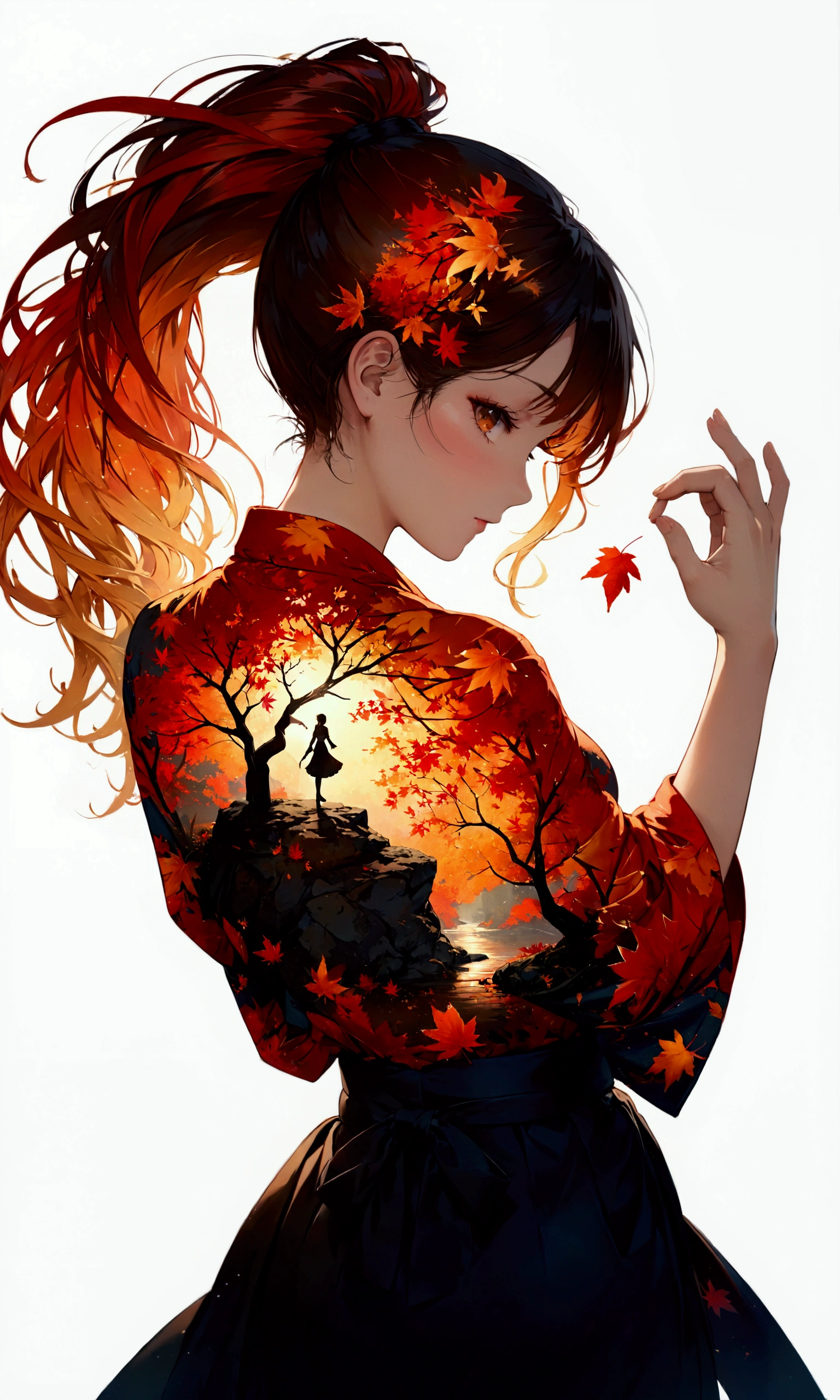 silhouette art,Autumn leaves pattern on woman silhouette isolated on white background,(Female silhouette: Kimono: Hakama: Long ponytail: Dynamic pose),Draw the autumn leaves pattern only on the woman's silhouette.,BREAK,Autumn leaves pattern: Yellow and orange gradation: Overlapping translucent autumn leaves: Overlapping layers: Vibrant colors: Glitter,BREAK,vector art,Draw a background painting using autumn leaves in very light colors,Works made with watercolors,(Expresses blur and blur typical of watercolors),Transparency,soft tones,Use layering techniques