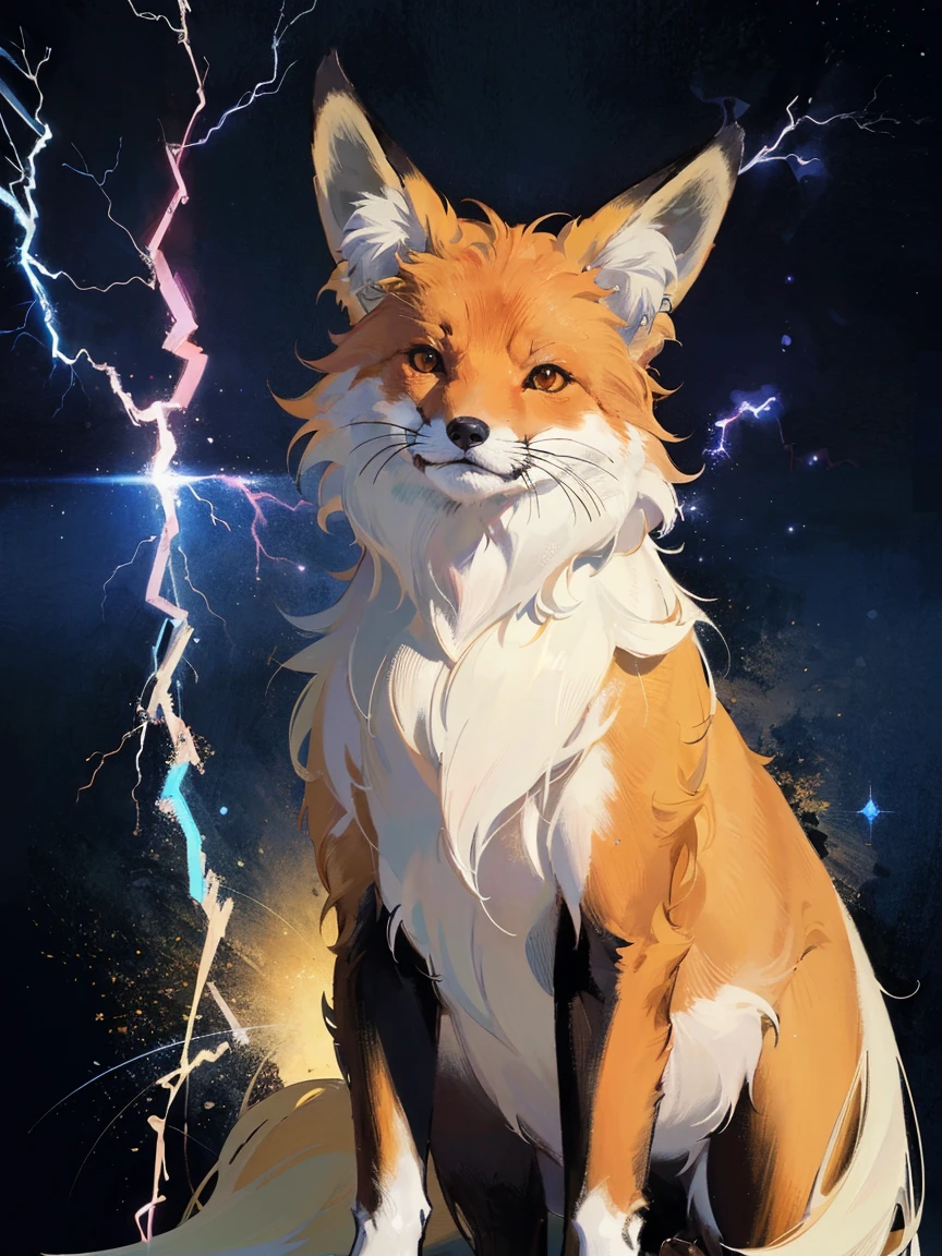 An ((anime-style fox)) is depicted against a starry background. The visual is ((cute and anime-like)), with realistic details. The fur is extremely beautiful, expressed in detailed digital art with a prominent ((glossy texture)). This piece is ideal for a 4K anime art wallpaper, emphasizing the fox’s charming appearance. Additionally, the fox is strikingly beautiful with ((high resolution)). Furthermore, this fox embodies the essence of a ((dream)) animal, adding a ((magical and otherworldly atmosphere)). ((Sparkles)) surround it. The fox has lightning attributes, is armed, and emits electricity.