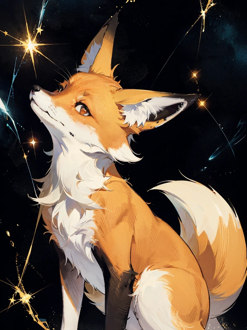 An ((anime-style fox)) is depicted against a starry background. The visual is ((cute and anime-like)), with realistic details. The fur is extremely beautiful, expressed in detailed digital art with a prominent ((glossy texture)). This piece is ideal for a 4K anime art wallpaper, emphasizing the fox’s charming appearance. Additionally, the fox is strikingly beautiful with ((high resolution)). Furthermore, this fox embodies the essence of a ((dream)) animal, adding a ((magical and otherworldly atmosphere)). ((Sparkles)) surround it. The fox has lightning attributes, is armed, and emits electricity.