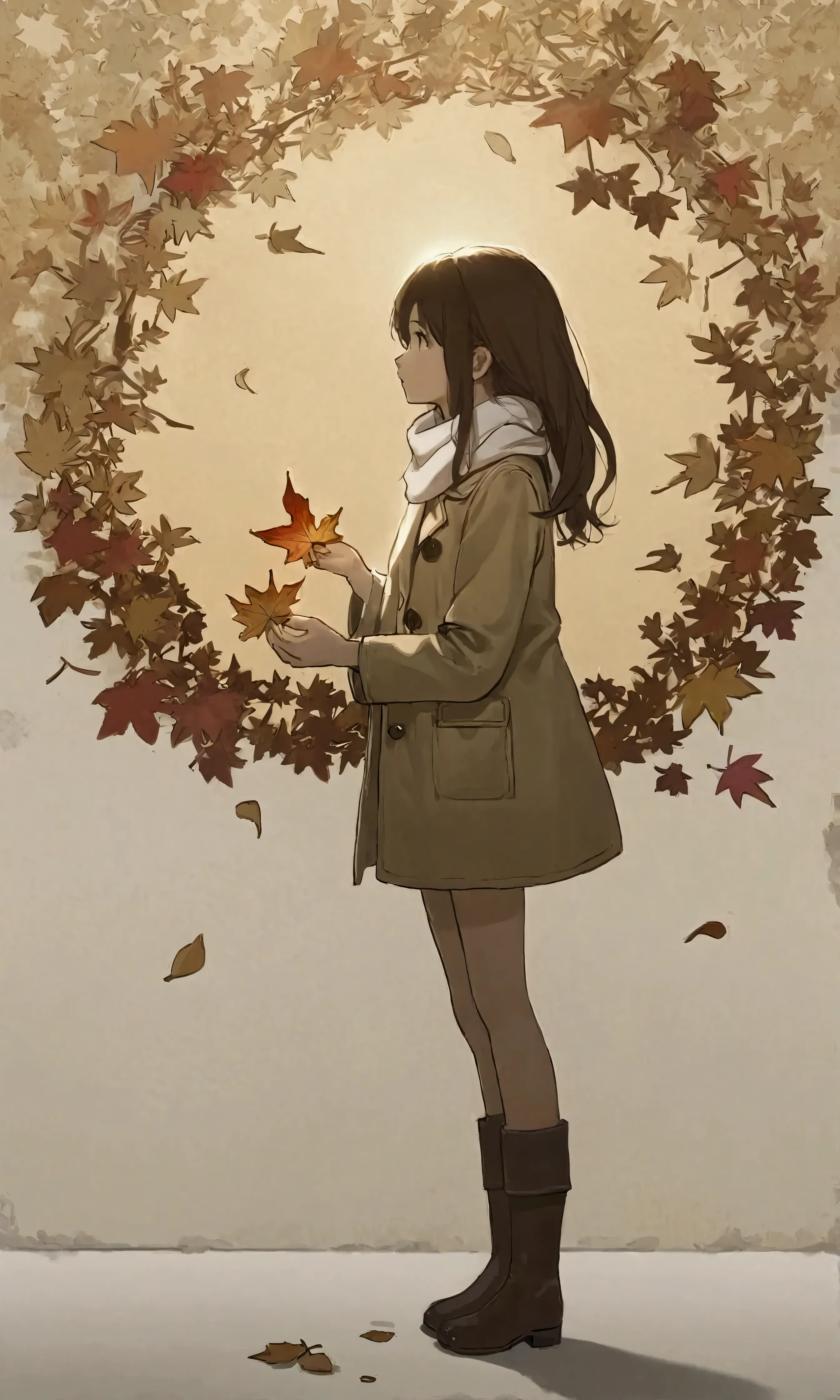 (autumn colored soft layer),(solo),1girl\(long brown hair, cute, autumnal attire, scarf, coat, boots, pinching leaves\(which are shining golden through the sunlight),full body,looking away\\),(from side:1.5), long shot, (simple minimalism white background:1.5), BREAK ,quality\(masterpiece, best quality,8k,wallpaper of extremely detailed CG unit, high resolution, top-quality, top-quality real texture skin, hyper realistic, increase the resolution, RAW photos, best quality, highly detailed, the wallpaper,golden ratio,high saturation realism, vibrant colors, dramatic lighting, persuasive storytelling, atmospheric scenery, captivating visuals, intricate details, strong emotions,dreamlike world\),