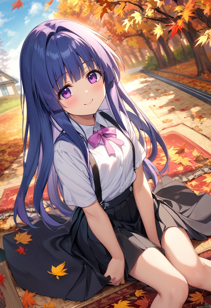 落ち葉と遊ぶwoman, Furude Rika, woman, Alone, Blue Hair, Purple eyes, White Shirt, Pink ribbon, suspenders, Black Skirt, Primary school students, Red and yellow leaves, Fallen leaves spread out like a carpet at your feet, smile, Natural pose, Autumn scenery