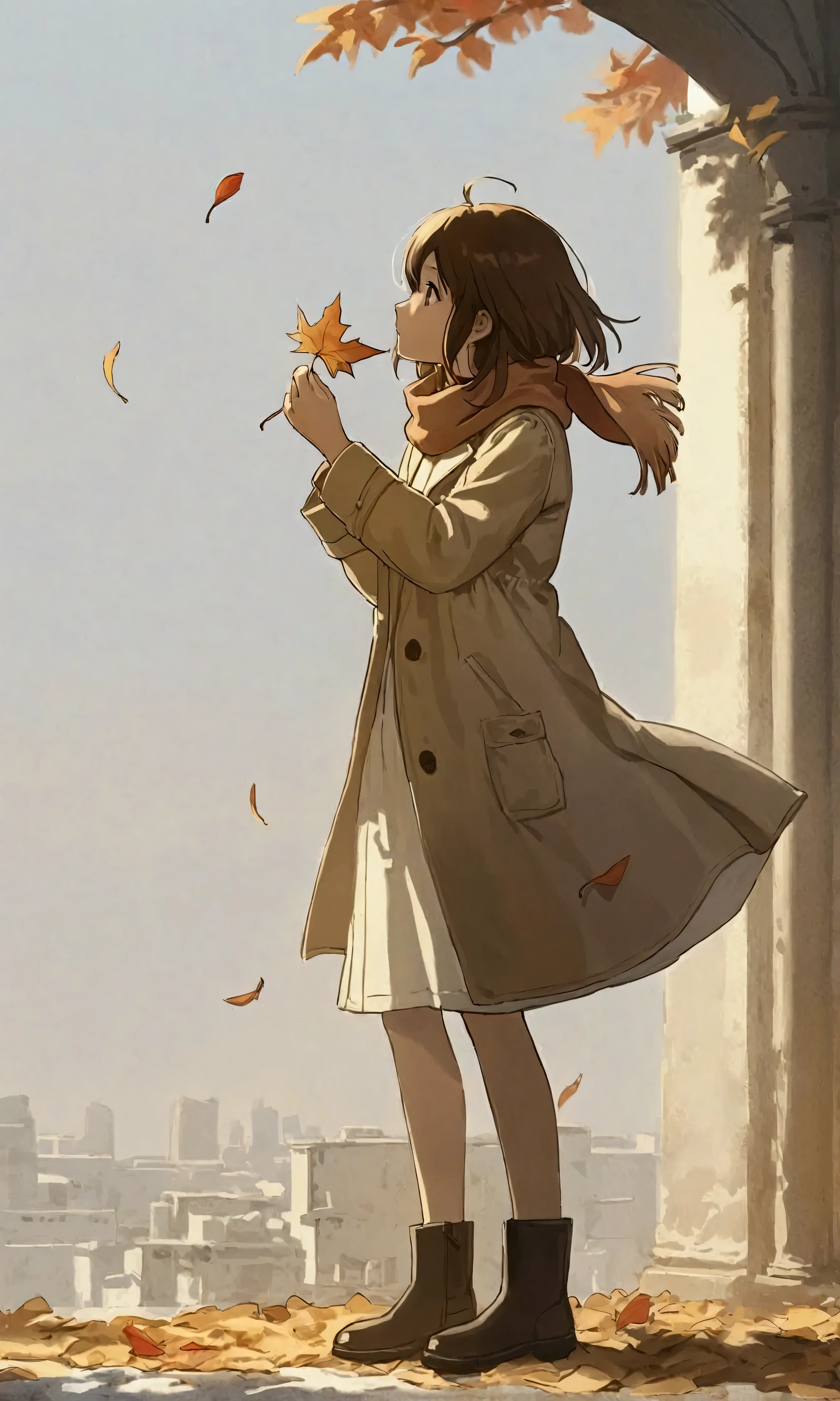 
(autumn colored soft layer),(solo),1girl\(long brown hair, cute, autumnal attire, scarf, coat, boots, pinching leaves\(which are shining golden through the sunlight),full body,looking away\\),(from side:1.5), long shot, (simple minimalism white background:1.5), BREAK ,quality\(masterpiece, best quality,8k,wallpaper of extremely detailed CG unit, high resolution, top-quality, top-quality real texture skin, hyper realistic, increase the resolution, RAW photos, best quality, highly detailed, the wallpaper,golden ratio,high saturation realism, vibrant colors, dramatic lighting, persuasive storytelling, atmospheric scenery, captivating visuals, intricate details, strong emotions,dreamlike world\),
