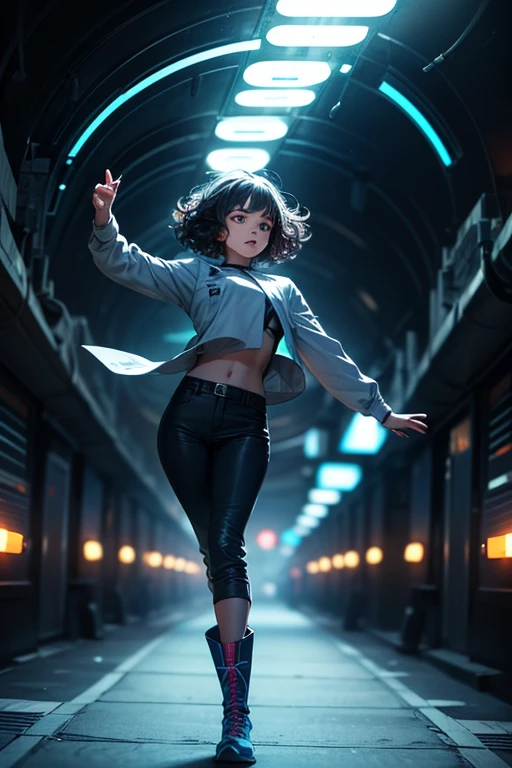 from below, young woman, pretty face, short cut hair, bangs, blurred background, blur, background is future tunnel , chromatic aberration, knee high, looking up, motion blur, Photo_Curly , real Photo_Curly, blue multi-colored futuristic outfit, real, high-tech boots, short pants, jump, solo, horizon, looks like a model