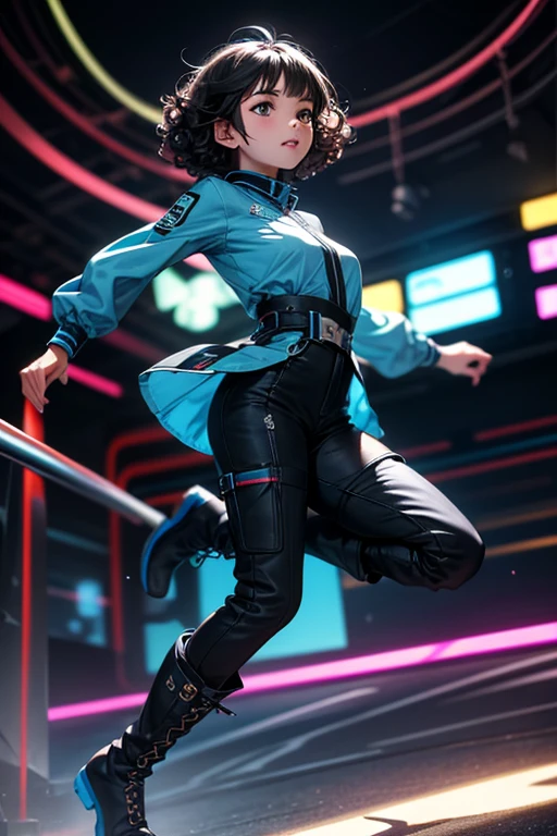 from below, young woman, pretty face, short cut hair, bangs, blurred background, blur, background is future tunnel , chromatic aberration, knee high, looking up, motion blur, Photo_Curly , real Photo_Curly, blue multi-colored futuristic outfit, real, high-tech boots, short pants, jump, solo, horizon, looks like a model