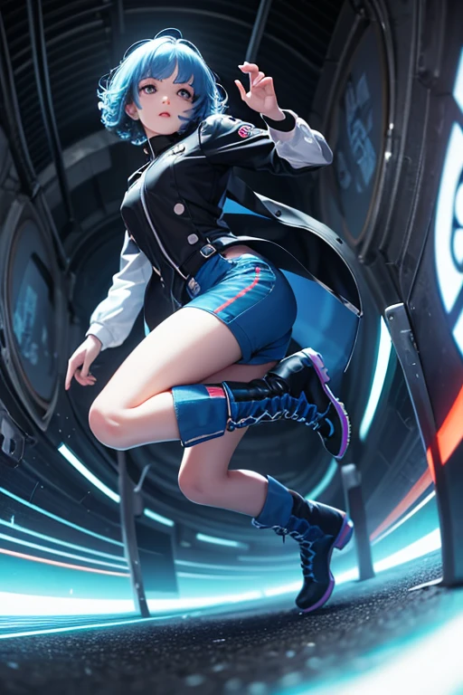 from below, young woman, pretty face, short cut hair, bangs, blurred background, blur, background is future tunnel , chromatic aberration, knee high, looking up, motion blur, Photo_Curly , real Photo_Curly, blue multi-colored futuristic outfit, real, high-tech boots, short pants, jump, solo, horizon, looks like a model