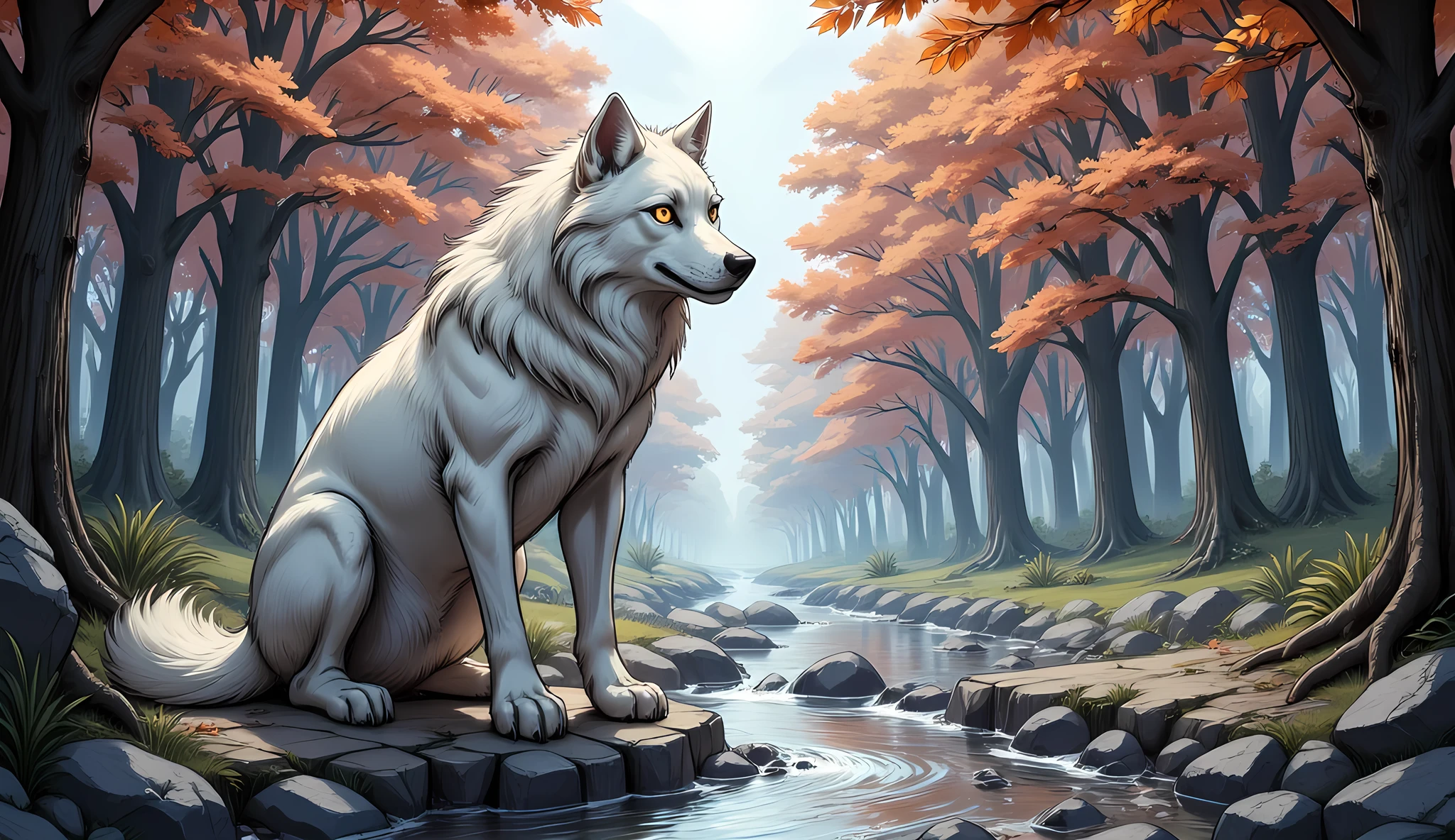 an epic white wolf sitting in the forest at autumn, an epic white wolf, with glowing eyes, at  fantasy autumn forest, fantasy forest (intricate details, Masterpiece, best quality: 1.5), (at autumn: 1.5), in orange, red, yellow brown leaves, many trees, a stream of water (intricate details, Masterpiece, best quality: 1.5), fantasy autumn forest background, best quality, 16k, [ultra detailed], masterpiece, best quality, (ultra detailed), full body, ultra wide shot, 