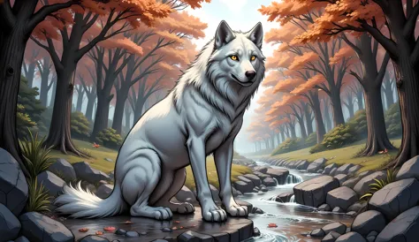 an epic white wolf sitting in the forest at autumn, an epic white wolf, with glowing eyes, at  fantasy autumn forest, fantasy fo...