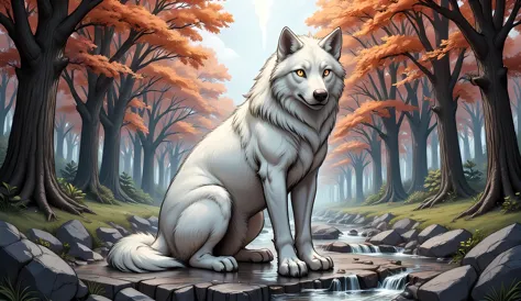 an epic white wolf sitting in the forest at autumn, an epic white wolf, with glowing eyes, at  fantasy autumn forest, fantasy fo...