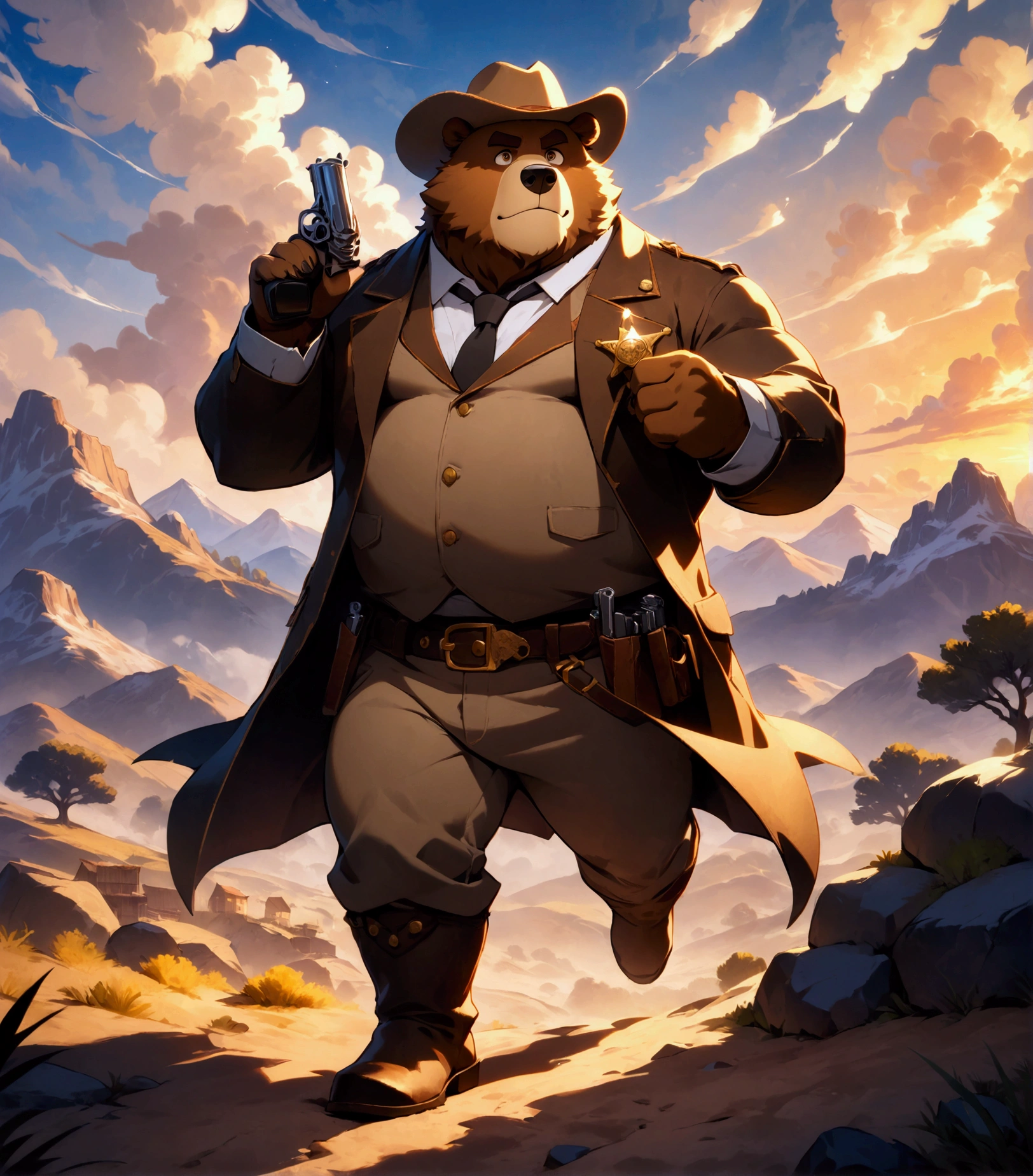 sheriff's, a musclegut middle-aged western bear man, full body in Michelangelo Buonarroti style, digital illustration anime, digital illustration anime, character focus, full body, looking away, dynamic angle, BREAK sheriff's hat, pistol, revolver holster, costume, pants, rushing wind, gun duel, dynamic pose, detailed painting landscape, evening sun, western village, a tumbleweed rolling across a desert landscape, outdoor, BREAK complete anatomy, perfect proportions, beautiful thigh gap, fluffy body, intricate fur details, beautiful fur texture, BREAK detailed bear 1tail, detailed boots, beautiful foot, detailed hands, 5fingers, 5fingers nails, BREAK aesthetic anime face, insanity detailed face, male face, big face, square jawline, aesthetic anime eyes, detailed brown eyes, detailed brown cornea, detailed dark brown irises, detailed pupils, male eyes, big eyes, male eyebrows, innocent look, beautiful beard, BREAK masterpiece, official art, best quality, very aesthetic, absurdres, super fine illustration, great quality, BREAK noise reduction, very highres, large filesize, high quality, 32K, 8k wallpaper, dynamic lighting, BREAK insanity detailed, ultra detailed, intricate details, extremely detailed, detailed texture, an extremely delicate and beautiful, full color, HDR, BREAK e621 uncut tag, Fur Affinity illustration, osukemo, kemohomo, anthropomorphic, furry, cartoon, harmonious, pastoral, virtuous, western atmosphere 