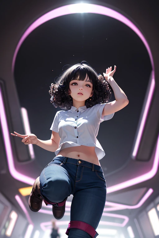 from below, young woman, pretty face, short cut hair, bangs, blurred background, blur, background is future tunnel , chromatic aberration, knee high, looking up, motion blur, Photo_Curly , real Photo_Curly, blue multi-colored futuristic outfit, real, high-tech boots, short pants, jump, solo, horizon, looks like a model