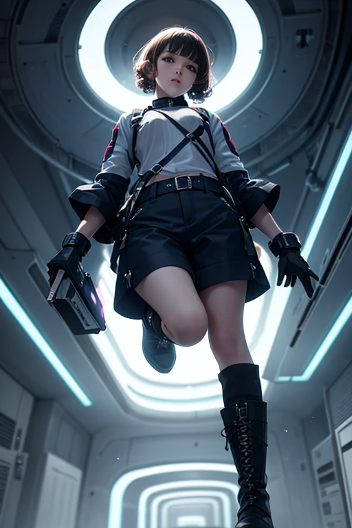 from below, young woman, pretty face, short cut hair, bangs, blurred background, blur, background is future tunnel , chromatic aberration, knee high, looking up, motion blur, Photo_Curly , real Photo_Curly, blue multi-colored futuristic outfit, real, high-tech boots, short pants, jump, solo, horizon, looks like a model