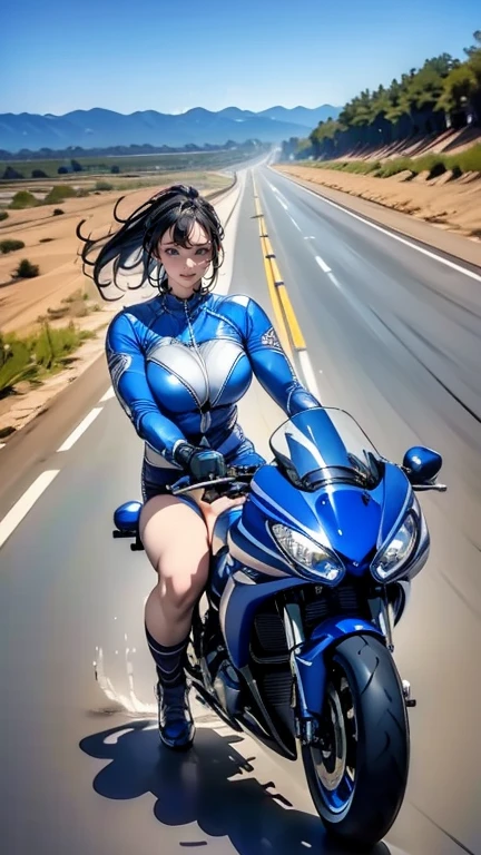 There is a woman riding a big blue motorcycle on the road., (((Wheelie))) Riding a 1300cc bike on a straight stretch in Forrest Gump Point, Arizona, America. (This scene captures the speed and power of the scene.))), (((Dynamic and powerful composition))