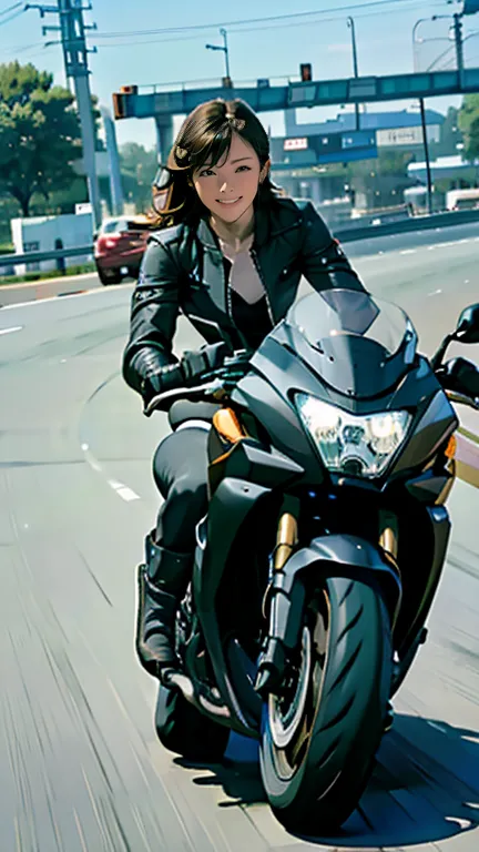 There is a woman riding a black 1300cc motorbike on the road., (((Wheelie))) Riding a 1300cc motorcycle on a straight highway, America. (This scene captures the speed and power of the scene.))), (((Dynamic and powerful composition))