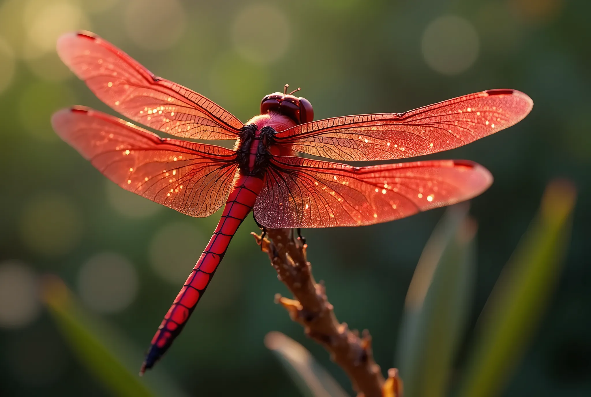 A beautiful red dragonfly, highly detailed, hyper-realistic, 8k, masterpiece, intricate wings, vivid colors, iridescent, natural lighting, detailed compound eyes, sharp focus, cinematic, photorealistic, award-winning photography, stunning, majestic, mesmerizing