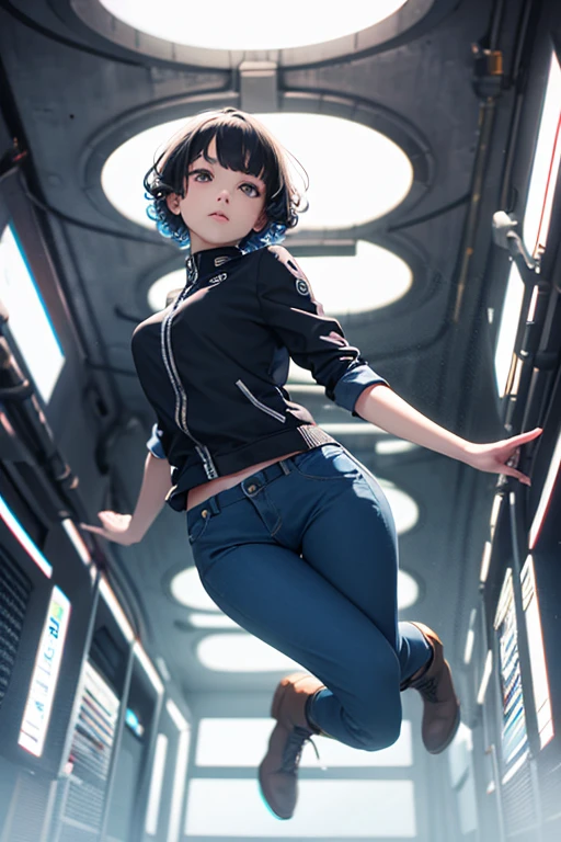 from below, young woman, pretty face, short cut hair, bangs, blurred background, blur, background is future tunnel , chromatic aberration, knee high, looking up, motion blur, Photo_Curly , real Photo_Curly, blue multi-colored futuristic outfit, real, high-tech boots, short pants, jump, solo, horizon, looks like a model