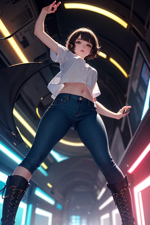 from below, young woman, pretty face, short cut hair, bangs, blurred background, blur, background is future tunnel , chromatic aberration, knee high, looking up, motion blur, Photo_Curly , real Photo_Curly, blue multi-colored futuristic outfit, real, high-tech boots, short pants, jump, solo, horizon, looks like a model