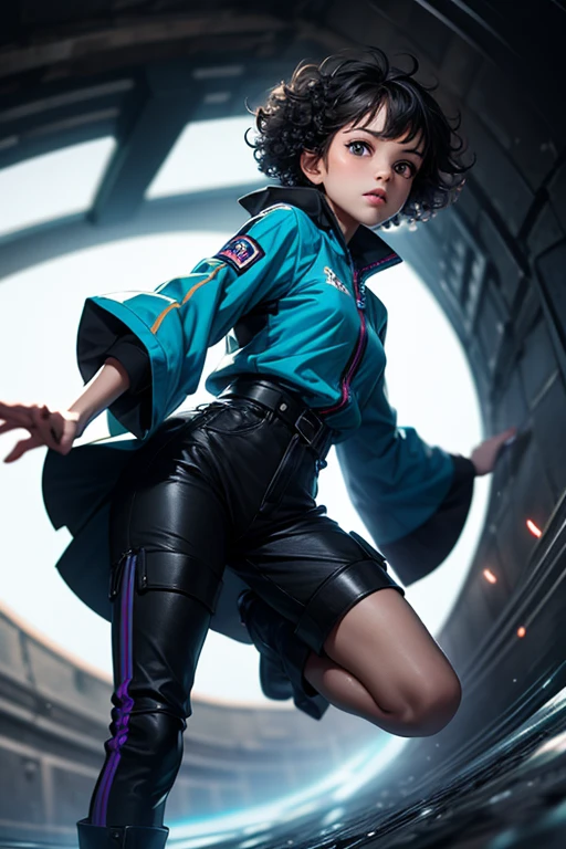 from below, young woman, pretty face, short cut hair, bangs, blurred background, blur, background is future tunnel , chromatic aberration, knee high, looking up, motion blur, Photo_Curly , real Photo_Curly, blue multi-colored futuristic outfit, real, high-tech boots, short pants, jump, solo, horizon, looks like a model