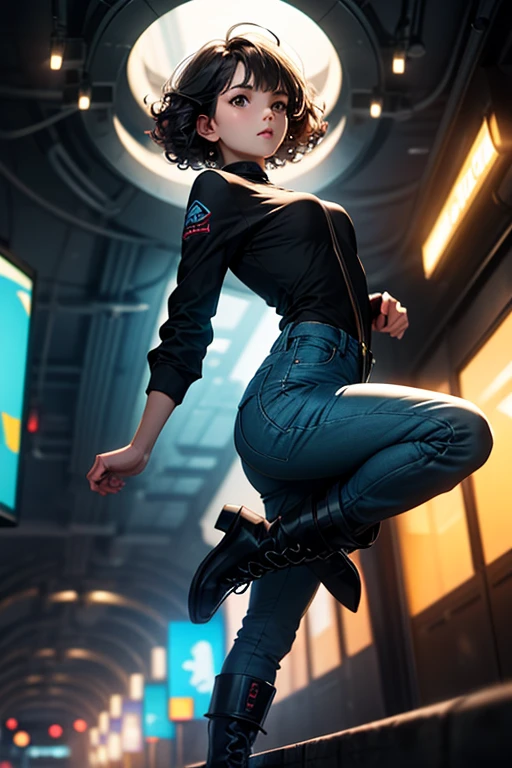 from below, young woman, pretty face, short cut hair, bangs, blurred background, blur, background is future tunnel , chromatic aberration, knee high, looking up, motion blur, Photo_Curly , real Photo_Curly, blue multi-colored futuristic outfit, real, high-tech boots, short pants, jump, solo, horizon, looks like a model