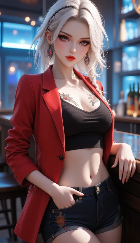 3D realistic, ใบหน้าคมชัด, 1 young woman stand Leaning against the counter bar, beautiful, Incredibly detailed, The perfect type, The idol is mesmerizing, Stunning face, Beauty beyond the world, Pure white hair, Ring braid, Brown eyes, tattoo , แว่นกันแดด, Red lips, Kakegurui, Red blazer, black crop, Brown tights, high-heels, Whole body, Unbutton your shirt, counter bar,Bar whisky background, blue neon, Highest quality , Best details 