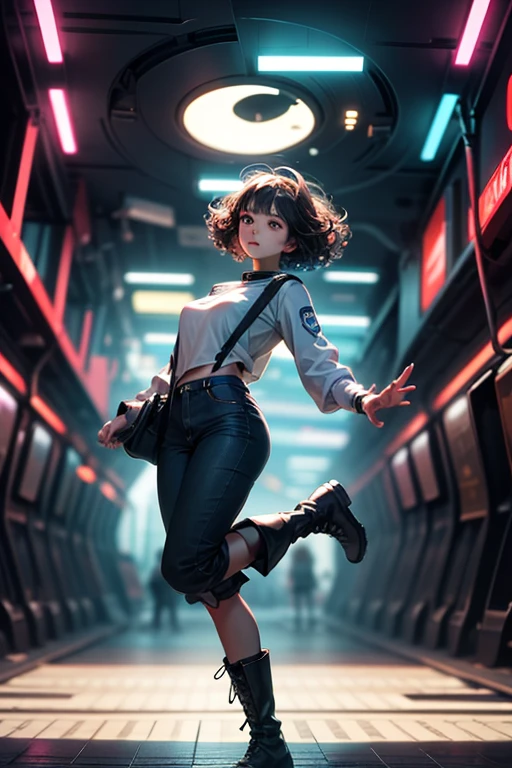 from below, young woman, pretty face, short cut hair, bangs, blurred background, blur, background is future tunnel , chromatic aberration, knee high, looking up, motion blur, Photo_Curly , real Photo_Curly, blue multi-colored futuristic outfit, real, high-tech boots, short pants, jump, solo, horizon, looks like a model