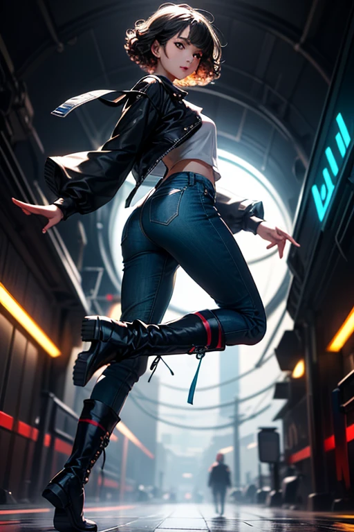 from below, young woman, pretty face, short cut hair, bangs, blurred background, blur, background is future tunnel , chromatic aberration, knee high, looking up, motion blur, Photo_Curly , real Photo_Curly, blue multi-colored futuristic outfit, real, high-tech boots, short pants, jump, solo, horizon, looks like a model