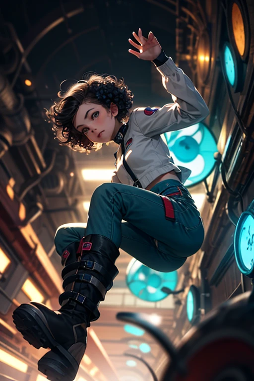 from below, young woman, pretty face, short cut hair, bangs, blurred background, blur, background is future tunnel , chromatic aberration, knee high, looking up, motion blur, Photo_Curly , real Photo_Curly, blue multi-colored futuristic outfit, real, high-tech boots, short pants, jump, solo, horizon, looks like a model