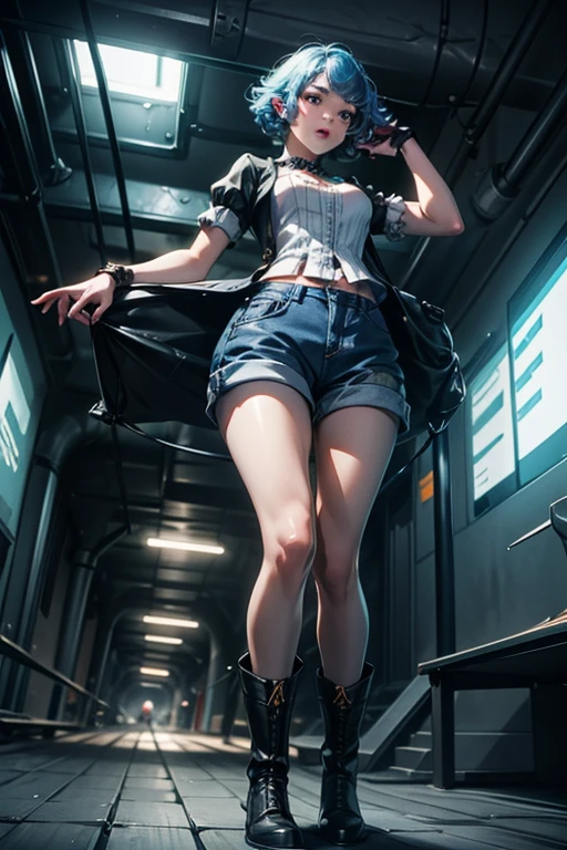 from below, young woman, pretty face, short cut hair, bangs, blurred background, blur, background is future tunnel , chromatic aberration, knee high, looking up, motion blur, Photo_Curly , real Photo_Curly, blue multi-colored futuristic outfit, real, high-tech boots, short pants, jump, solo, horizon, looks like a model